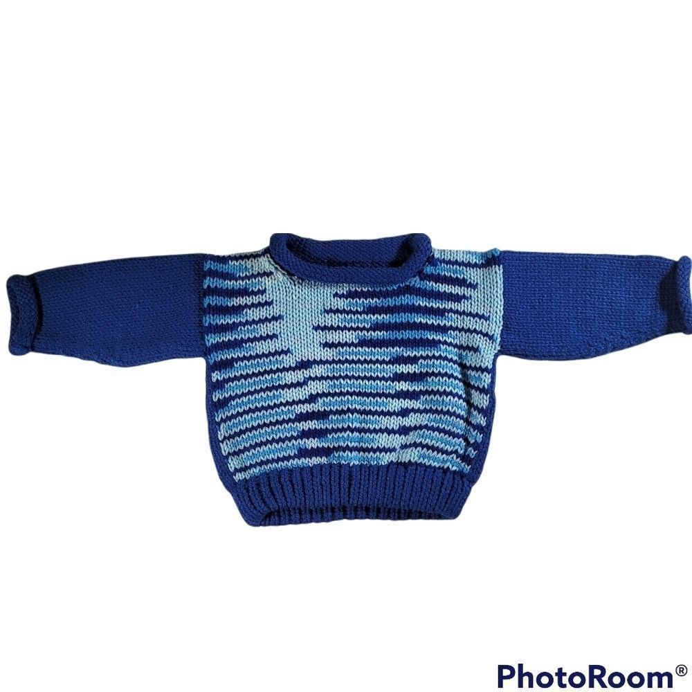 Handknit Artisan Blue Sweater with rolled neckband